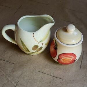 Hand-Painted Cream and Tan Ceramic Pitcher and Sugar Bowl
